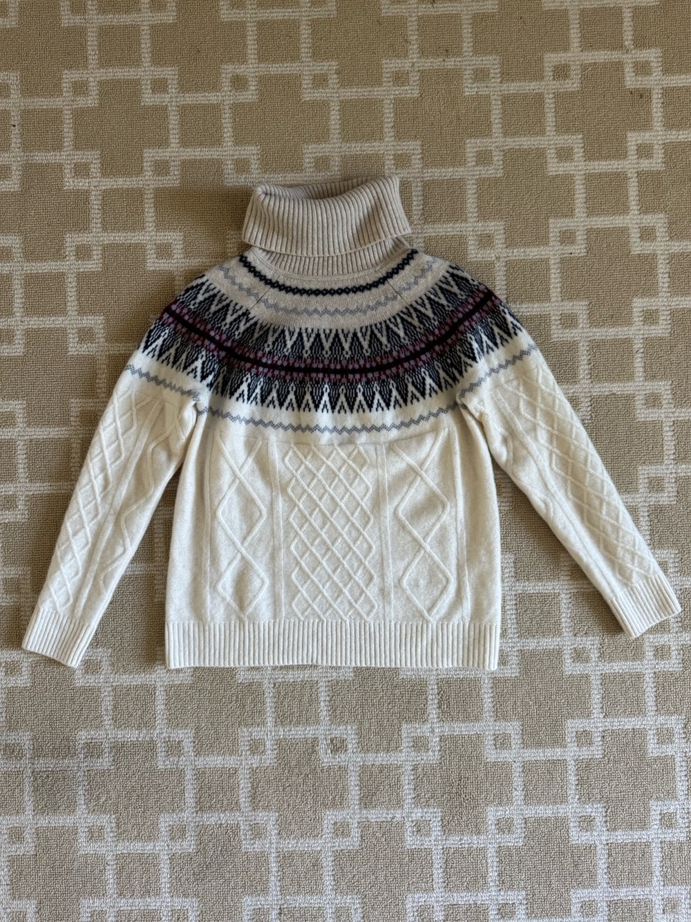 Orvis 100% Cashmere Fair Isle Cable Knit Turtleneck Sweater Ivory Medium - Picture 10 of 10